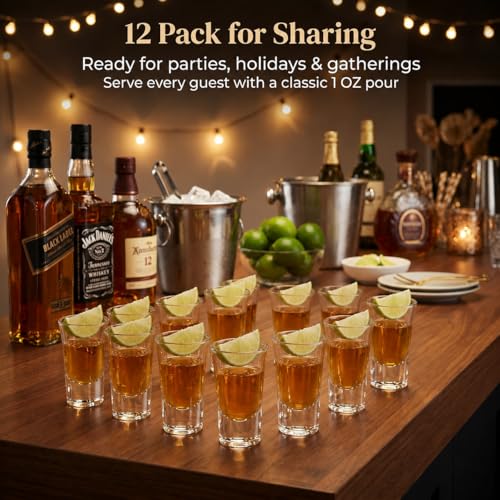 Ruckae 12 Pack 1oz Shot Glasses Set with Heavy Base Clear Shot Glasses Bulk for Vodka Tequila Whiskey Liquor