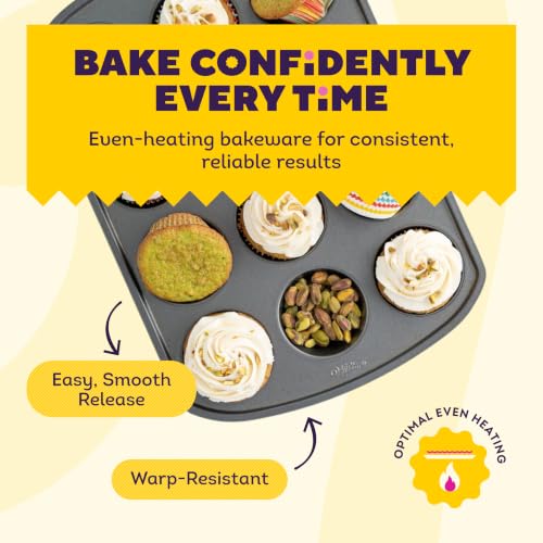 Wilton Gold Non-Stick Bakeware Muffin Pan - Baking Pan for Muffins & Cupcakes - Made Without PFAS, Dent Resistant & Dishwasher Friendly - Offers Even Heat Distribution - 10.5 x 15 x 2 Inches, 12 Cup