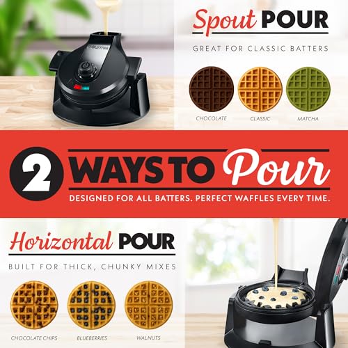 Gourmia Dual Pour Waffle Maker - Belgian Waffle Maker with Mess Free Spout, NonStick Plates, Cool Touch Handle, Compact Upright Storage, Safety Latch, Black