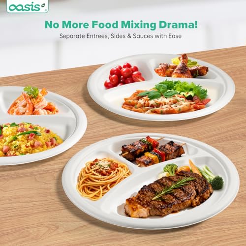 OasisSN 𝟭𝟬 𝗶𝗻𝗰𝗵, 𝟭𝟮𝟴-𝗣𝗮𝗰𝗸 3-Compartment Disposable Paper Plates, Compostable Heavy-Duty Divided Plates for Meal Prep, School Lunches & Party Buffets (White)