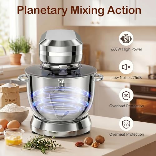 LAZMOQUSA 6in1 Stand Mixer with 6.5 Quart Bowl, 660W 10+p Speeds Kitchen Food Mixer Tilt-Head Bread Dough and Cake Mixers for Home Daily (Sliver)