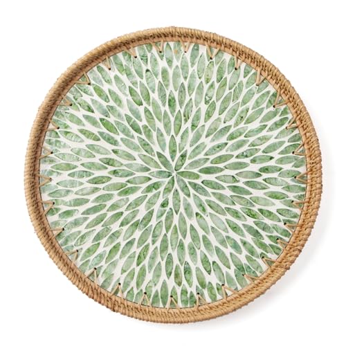 Aayoruro Round Rattan Tray with Mother of Pearl Inlay, Decorative Wicker Serving Tray with Wooden
