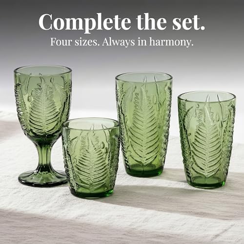 Green Drinking Glasses Set of 4, 12 oz Vintage Hand-Pressed Glass Cups, Fern Textured Highball Tumblers, Antique Style Boho Glassware for Water, Juice, Cocktails & Mocktails, Housewarming Gift Set