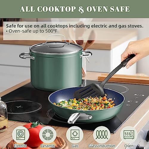 Nuwave 9pc Cookware Set Healthy Duralon Blue Ceramic Nonstick Coated, Diamond Infused Scratch-Resistant, PFAS Free, Oven Safe, Induction Ready & Evenly Heats, Tempered Glass Lids & Stay-Cool Handle