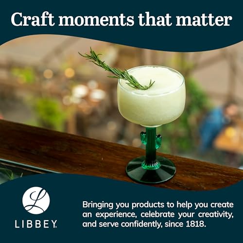 Libbey 3620JS Cactus Margarita Glasses Set of 4, Durable Green Stemmed Cocktail Glasses, 16 Oz Clear Bowl Lead-Free Cactus Glassware