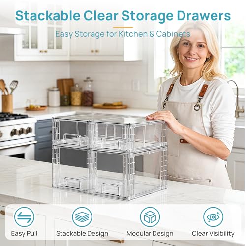 Vtopmart 4 Pack Clear Stackable Storage Drawers,Under Sink and Kitchen Organizers Storage,Easy to Assemble Plastic Drawers for Baby Bottle,Medicine, Bathroom,Cabinet and Pantry Organization