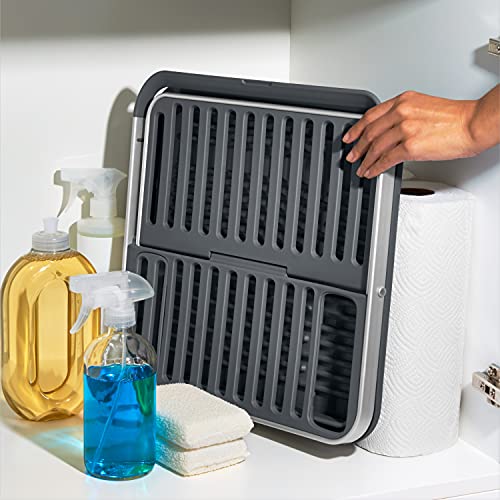 OXO Good Grips Aluminum Fold Flat Dish Drying Rack, 2-Tier, with Drainboard, for Kitchen Counter, Collapsible