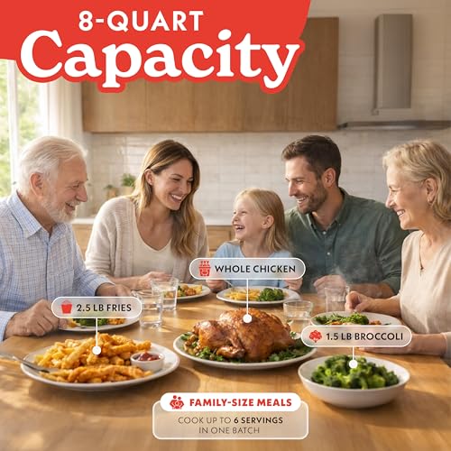 Gourmia 8 Qt Air Fryer, 8 Presets with Digital Display, FryForce 360° Technology, Easy View Window & Interior Light, Dishwasher Safe Basket, Green