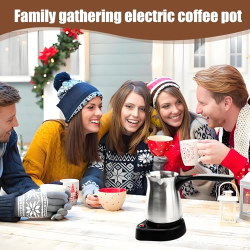 Electric Turkish Coffee Pot, 600ml Stainless Steel 110V Heating Kettle with Foldable Anti-Scald Handle for Home and Travel, Fast Brew Maker Arabic Greek Tea Milk (Smooth Pot Surface)