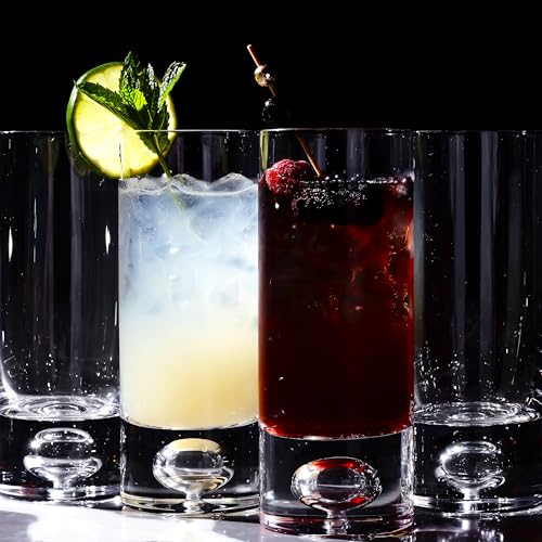 LEMONSODA Crystal Bubble Base Collins Glass Highball Tumbler - Set of 4-12oz - Heavy Weighted Bottom - Unique Design Great for Water, Juice, Beer, Cocktails, and More
