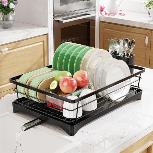 Simple Trending Dish Drying Rack, Space-Saving Dish Rack for Kitchen Counter, Stainless Steel Dish Drainer with Cutlery Holder and Drainboard, 12''W x 17''L, Black