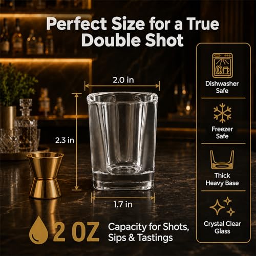 Ruckae 12 Pack 2 OZ Shot Glasses Set Clear Shot Glasses Bulk with Heavy Base Bar Square Glass Shot Cups for Vodka Tequila Whiskey Liquor