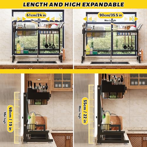 ilvvan Over Sink Dish Drying Rack (Expandable Height/Length) Snap-On Design Large Dish Drainer Storage Counter Organizer 24" - 35.5"(L) x 12"(W) x 19" - 22"(H)