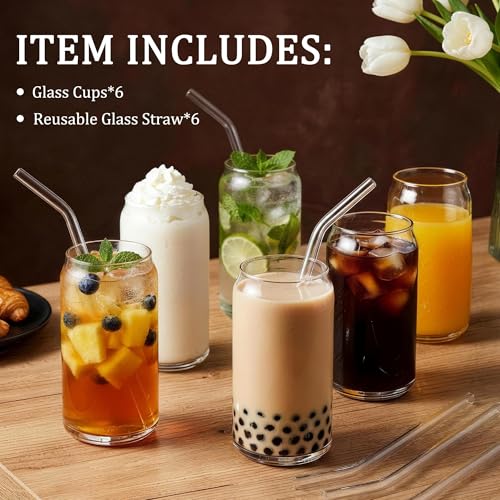 Korser Drinking Glasses Set of 6, 17oz Highball Glass Cups with Glass Straws, Lead-Free Crystal Glassware, Glass Cups for Coffee, Beer, Whiskey, Cocktail,Mojito and Tom Collins, Soda, Tea, Water