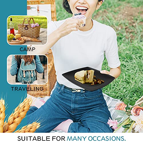 Teivio 16-piece Plastic Wheat Straw Square Dinnerware Set for 4, Unbreakable Dinner Plates, Salad Plates, Snack Bowls, Tumblers 13.5 oz, Dishwasher Safe, Kitchen Outdoor Camping,Black