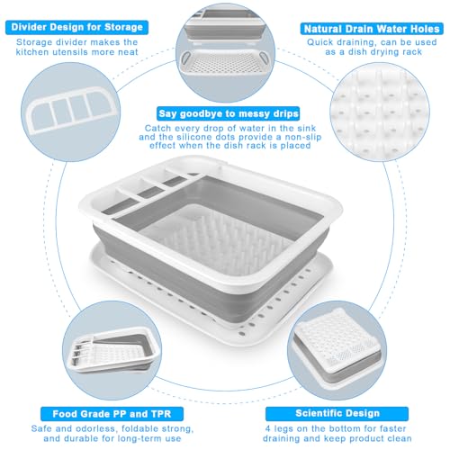 Collapsible Dish Drying Rack Portable Dish Drainers for Kitchen Counter with Drainboard, Kitchen Sink Organizer Basket RV Accessories Camper Storage and Organization Dish Rack Over Sink Drying Rack