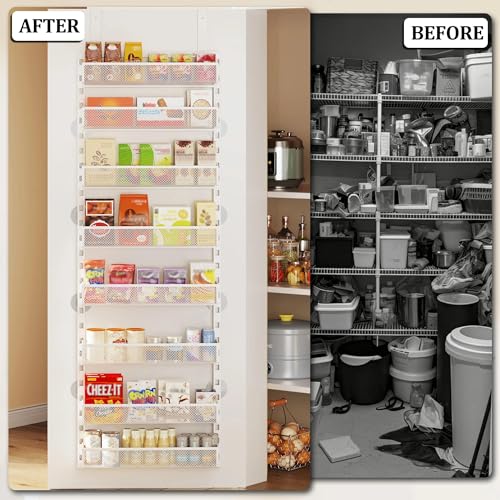 SEFILENCE Over the Door Pantry Organizer, 8-Tier Over the Door Spice Rack with Adjustable Baskets, Wall-Mounted or Hanging Shelves for Kitchen, Laundry Room, Bathroom(White, 16.65"W x 5.2"D x 72.6"H)