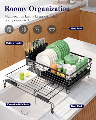 Kitsure Extendable Dish Drying Rack - Rust-Resistant Dish Racks for Kitchen Counter with Adjustable Support Legs, Cutlery Holder & Removable Draining Tray (Black, 15.6''-25.2''L × 16.9''W × 8.1''H)