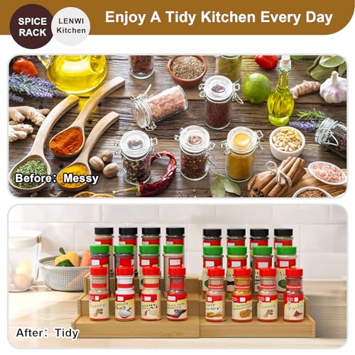 Lenwi Spice Rack Organizer for Cabinet, 3 Tier Expandable Bamboo Spice Storage for Kitchen Cupboard Pantry