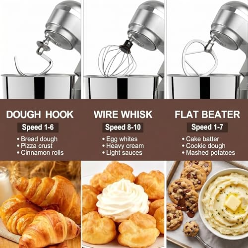 LAZMOQUSA 6in1 Stand Mixer with 6.5 Quart Bowl, 660W 10+p Speeds Kitchen Food Mixer Tilt-Head Bread Dough and Cake Mixers for Home Daily (Sliver)