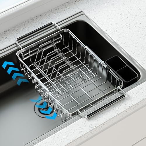 Dolreiik Expandable Over The Sink Dish Drying Rack, Anti-Rust Stainless Steel in Sink Dish Drainer with Cutlery Holder, Counter Space Saving Sturdy Sink Drying Rack for Many Kitchen Drain Task