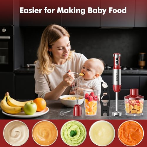 Immersion Blender Handheld 1200W, 5-in-1 Hand Blenders, 20 Speeds Hand Mixer, Stainless Steel Blades, Milk Frother Wand, Whisk, Beaker, Suitable for Kitchen, Protein Shakes and Baby Food (Red)