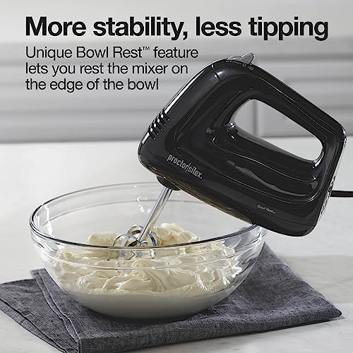 Proctor Silex Easy Mix 5-Speed Electric Hand Mixer with Bowl Rest, Compact and Lightweight, 215 Watts of Peak Power, Black (62511)