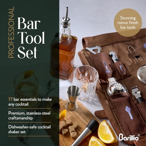 Barillio Bartender Kit Bag with Cocktail Shaker Set - Waxed Canvas, Traveling Bar Tools Bag with 17-Pc Cocktail Kit - Travel Mixology Bartending Kits - Mobile Bar Roll with Strap & Accessories