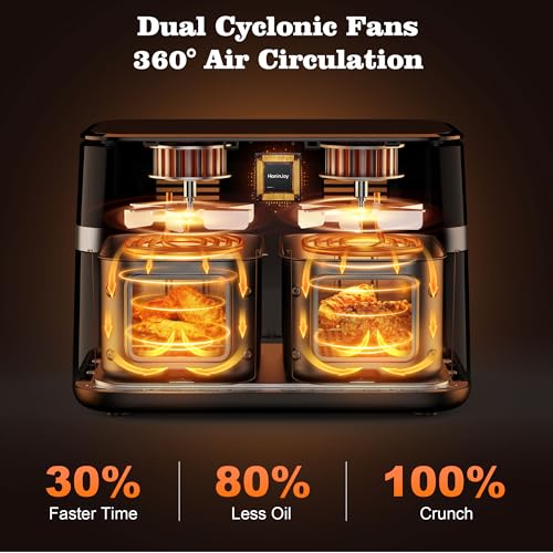 HoninJoy 12QT Large Dual Basket Air Fryer with Viewing Window and 50pcs Paper Liners, 10-in-1 Digital Touchscreen Double Zone Air Fryers, SyncCook to Bake,Roast,Reheat,Broil, Nonstick Dishwasher Safe
