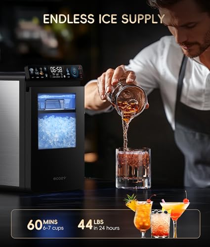 ecozy Nugget Ice Maker Countertop, First Full-Color Smart Panel 44 lbs/24H Ice Machine with APP & Voice Control, Double-Layer Insulation, Pull-Out Water Tank, Soft Pebble Chewable Ice, Self-Cleaning