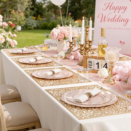 Liacere 350PCS Pink Plates Disposable-PinK Plates 50guest Baroque Plastic Dinnerware include 100Plates, 50Pack Pre Rolled Napkins with Silverware 50Cups Perfect for Wedding & Party & Baby shower