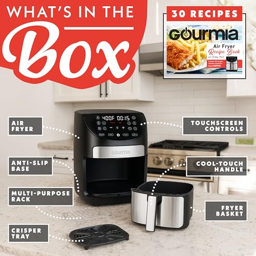 Gourmia Air Fryer - 7 Qt Large Capacity, FryForce360º, Digital Display with 10 Presets, Roast, Bake, Broil, Dehydrate, Dishwasher Safe Accessories, Black