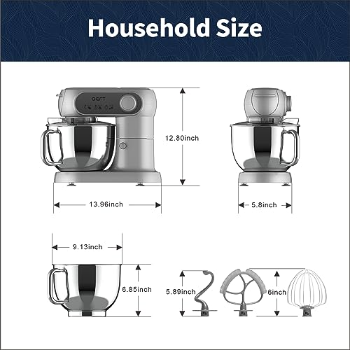GEFT Stand Mixer, 6 QT 600W Tilt-Head Dough Mixer, 6+P speed Mixers Kitchen Electric Stand Mixer with Stainless Steel Bowl, Dishwasher-Safe Dough Hook, Flat Beater, Wire Whisk, Splash Guard, Grey