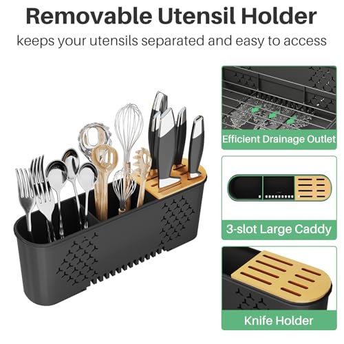 SNTD Large Dish Drying Rack - Expandable (19.3" to 29.4") Dish Rack for Kitchen Counter, Stainless Steel Dish Drainer with Utensil Holder, Pan Holder & Pot Lid Holder (Black)