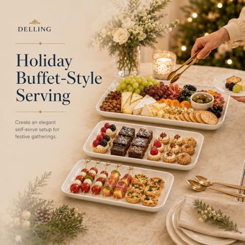 DELLING Large Serving Platter Set of 3, 16/14/12 Inch Porcelain Serving Trays for Party - White Ceramic Rectangular Platters for Entertaining, Appetizer Fruit Tray for Father's Day Shower Dinner
