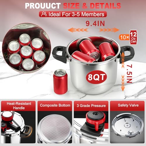 3-In-1 Stainless Steel Pressure Cooker 8 QT: [Save 70% Time] [3 PSI Settings], One-Hand Locking Pressure Canner, Induction Compatible, Glass Lid & Steamer Rack Included, Olla de Presion