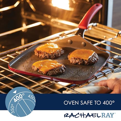 Rachael Ray Cook + Create Nonstick Stovetop Griddle/Grill Pan, Square, 11 Inch, Red