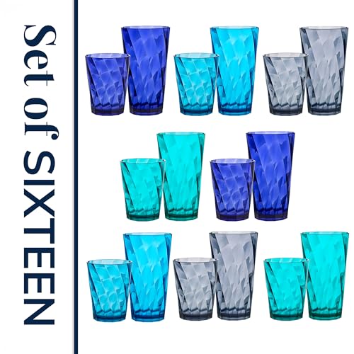 US Acrylic Optix Plastic Reusable Drinking Glasses (Set of 16) 14oz Rocks & 20oz Water Cups in Coastal Colors | BPA-Free Tumblers, Made in USA | Top-Rack Dishwasher Safe