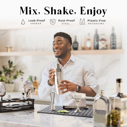 BARE BARREL® Mixology Bartender Kit Bar Set | 16-Piece Cocktail Shaker Set | Martini Barware Mixing Tools for Home Bartending | Incl. 35 Recipe Cards | Gift Set (24oz Cobbler Shaker, Silver/Black)