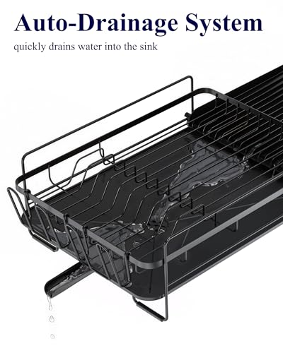 Kitsure Large Dish Drying Rack - Extendable Dish Rack, Multifunctional Dish Rack for Kitchen Counter, Anti-Rust Dish Drainers with Cutlery & Cup Holders 19.2"-26.7" L x 12.9" W, Black