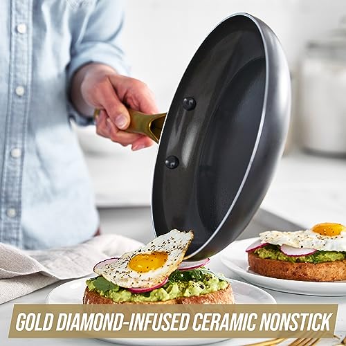 Blue Diamond 8" Nonstick Frying Pan Skillet, Diamond Infused PFAS & PTFE-Free Ceramic Pot, Dishwasher & Oven Safe, Gold Handle, Induction, Non Toxic Metal Utensil Safe, Egg & Omelet Pan, Black