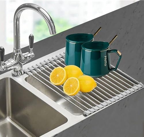 Ahyuan Roll up Dish Drying Rack Over The Sink Kitchen Roll up Sink Drying Rack Portable Dish Drainer Foldable Dish Drying Rack (Warm Gray, 17.8''X11.8'')
