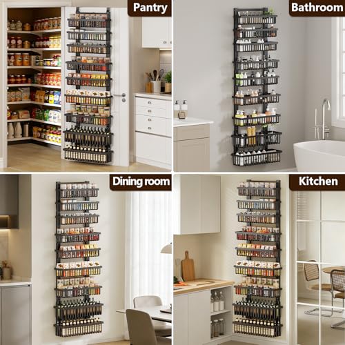 POKIPO 9 Tier Over The Door Pantry Organizer, 2 in 1 Wall Mount or Hanging Spice Rack with Adjustable Deep Basket, Heavy-Duty Seasoning Organizer and Storage for Kitchen Cabinet Closet Bathroom