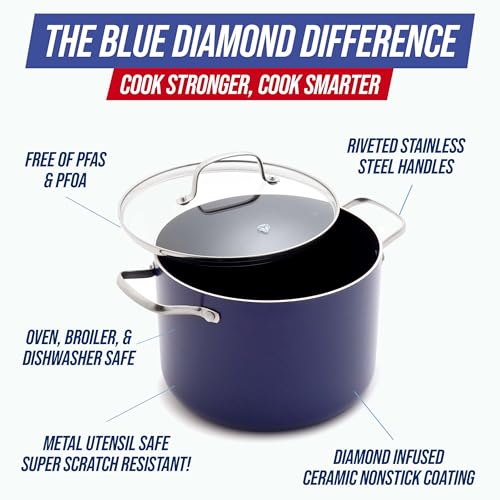 Blue Diamond 8QT Nonstick Stockpot with Glass Lid, PFAS-Free Ceramic, Multipurpose Cooking, Sauces & Soups, Pasta, Boiling & Canning Pot, Dishwasher & Oven Safe, Stainless Steel Handles, Blue