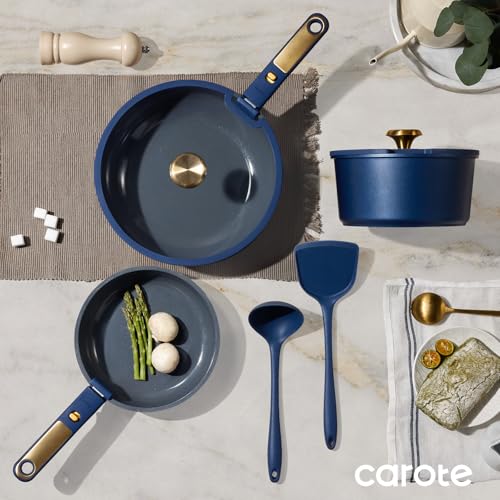 CAROTE Blue&Gold Ceramic Cookware Set Non Toxic, PFAS Free, 15Pcs Pots and Pans Set Non Stick Detachable/Removable Handle, Kitchen Cooking Set Dishwasher Safe, Nonstick Pot and Pan, Induction Cookware