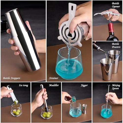 Cocktail Shaker Set Bartender Kit : 15-Piece Bar Tool Set with Acrylic Stand Bars Set with All Practical Bar Accessories, for Drink Mixing, Bar, Home, Lounge & Party, Silver