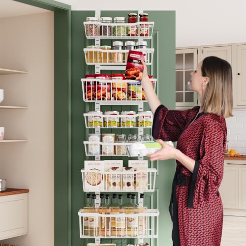 Eastherry Over The Door Organizer，8-Tier Over The Door Pantry Organizer with Adjustable Baskets，Metal Hanging Pantry Organizers and Storage for Kitchen, Back of Door Seasoning Rack (White)