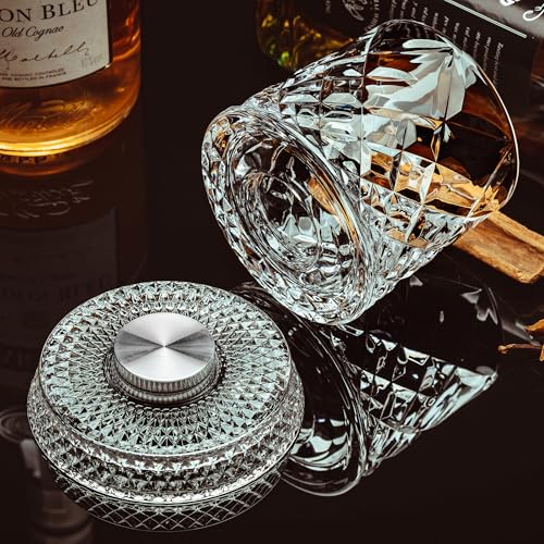 NORIMODA Spinning Whiskey Glasses Set of 4 With Iceball Molds, 9.5oz Lead-free Rotating Old Fashioned Rocks Glasses for Bourbon, Scotch, Liquor and Cocktails, Gifts for Whiskey-lovers