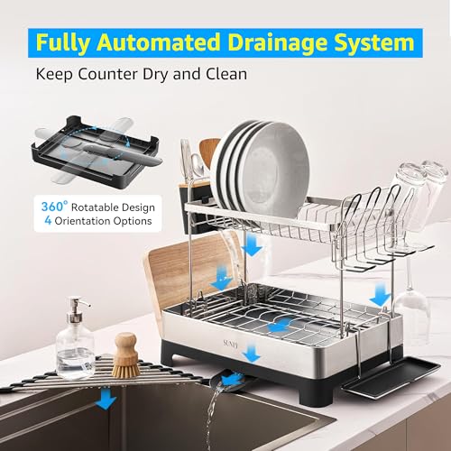 SUNLY 2 Tier Dish Drying Rack, Extra Large Dish Rack, Multifunctional Large Dish Drainers for Kitchen Counter, 304 Stainless Steel Kitchen Drying Rack, Bowl Drying Rack, Extendable Drain Spout, Black