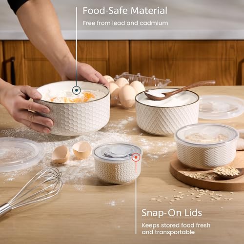 KooK Serving Bowls, with Lids, Ceramic Nesting Bowls, Set of 4, Embossed, Kitchen, Prep, Stackable, Gift, Microwave and Dishwasher Safe, 10/16/29/47 oz, Narbonne Collection (Ivory)